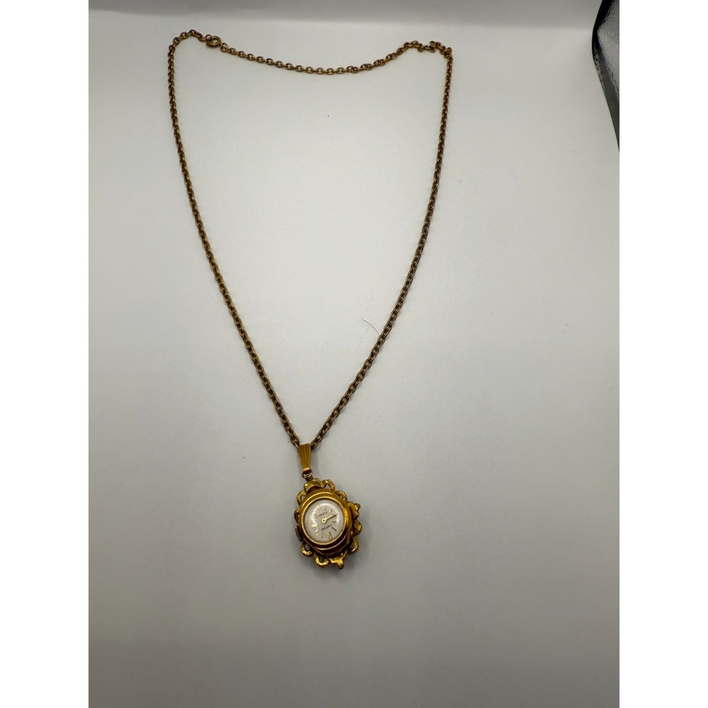 Vintage Sanford 17 Jewels Pendant Watch Necklace‎ Gold Tone Green Reversible